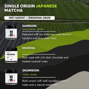 Puede incluir: Tres latas cil&iacute;ndricas blancas y negras de t&eacute; matcha y hojicha japon&eacute;s de origen &uacute;nico. Las etiquetas incluyen textos como Samidori, Hojicha y Okumidori, con descripciones de perfiles de sabor como avellana, chocolate, caramelo y anacardo.