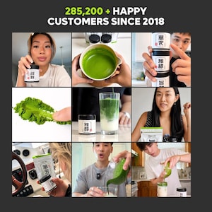 Puede incluir: Un collage de im&aacute;genes que muestra polvo de t&eacute; verde matcha en peque&ntilde;os frascos negros con etiquetas blancas, un taz&oacute;n de matcha batido y un vaso de matcha latte helado. El texto 285,200 + HAPPY CUSTOMERS SINCE 2018 aparece en la parte superior.