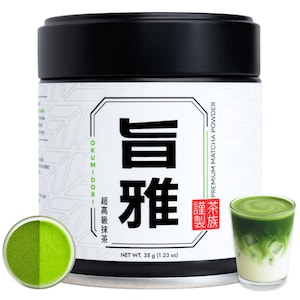 May include: A black-topped container of Okumidori Premium Matcha Powder, with Japanese text and a net weight of 1.23 oz. The image includes a small dish of matcha powder and a glass of matcha latte.