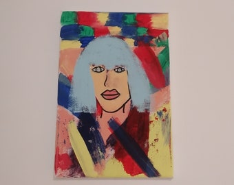 Acrylbild abstrakt, Abstrakte Kunst, Frau mit blauer Perücke, Alternativ, buntes Acrylbild, Porträt
