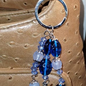 Handmade Blue and light Blue Beaded Purse Charm Keychain with Silver Tone Cross Backpack Zipper Pull Bag Charm Unique Gift for Teens