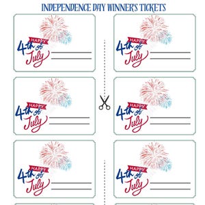 May include: White printable tickets with a red, white, and blue theme for Independence Day. Each ticket features the text "Happy 4th of July" and a fireworks graphic. The top of the sheet reads "INDEPENDENCE DAY WINNER'S TICKETS".