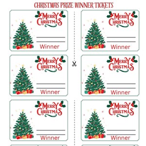 May include: A sheet of Christmas prize winner tickets. Each ticket features a decorated Christmas tree, the words "Merry Christmas," and a line for the winner's name. The tickets are bordered in green and red.