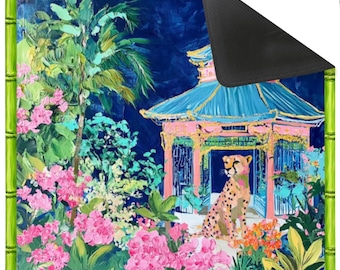 Tapis de mahjong preppy avec sac blanc, guépard en chinoiseries Night Garden