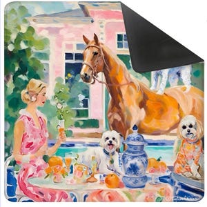 May include: A decorative mouse pad featuring a colorful painting of a woman at a table with dogs, a horse, and a pink building in the background. The artwork has a vintage, impressionistic style with vibrant colors.