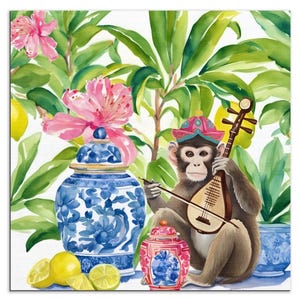 Puede incluir: Pintura a la acuarela de un mono tocando un la&uacute;d, con un sombrero y rodeado de flores rosas, hojas verdes y limones. Jarrones decorativos azules y blancos en primer plano. La obra tiene un tema caprichoso de inspiraci&oacute;n asi&aacute;tica.
