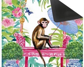 Tapete de Mahjong estilo preppy, macaco estilo chinoiserie com guarda-chuva azul.
