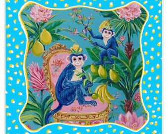 Tapis de mahjong preppy, singe chinoiserie preppy jouant avec des citrons