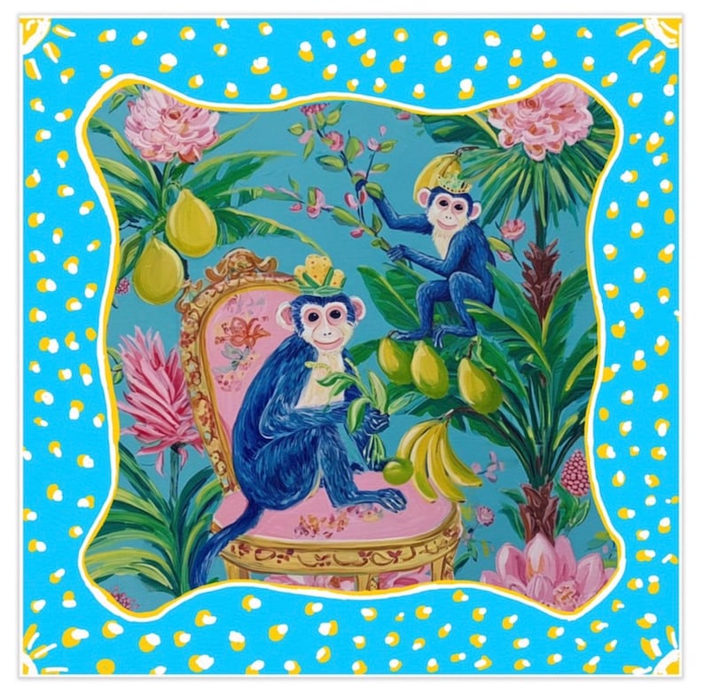 May include: Square decorative scarf featuring a vibrant illustration of blue monkeys in a tropical scene. The design includes lush greenery, pink flowers, and yellow fruit, set against a turquoise backdrop with a blue and white polka dot border.