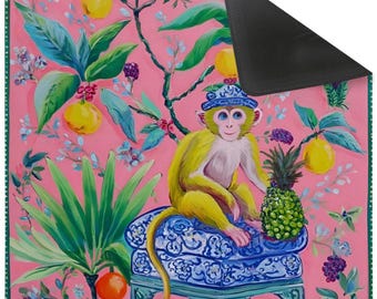 Tapis de mahjong preppy, singe tropical avec ananas dans un jardin de chinoiseries