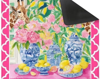 Tapis de mahjong preppy avec sac en toile, girafes curieuses et pots de gingembre avec treillis rose