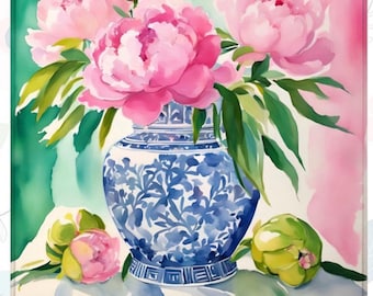 Tapis de mahjong preppy avec sac blanc, pivoines roses dans un pot de gingembre bleu et blanc