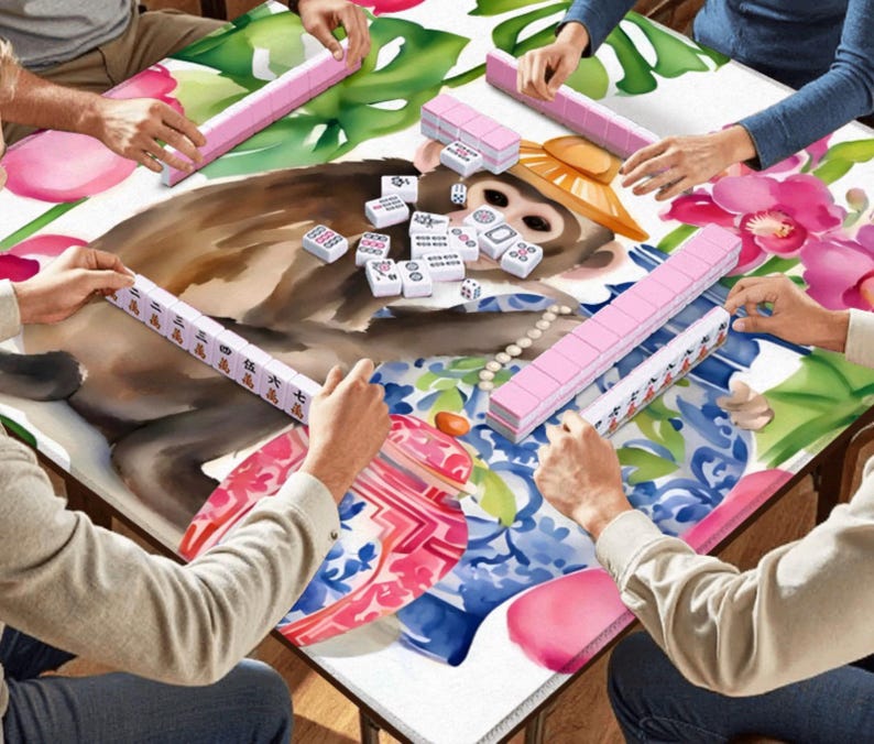 May include: A group of people playing Mahjong. The game is set on a table with a colorful floral and monkey design. Pink tiles and racks are visible, with players holding their tiles. The table is surrounded by hands.