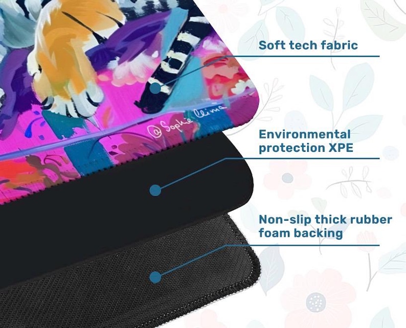 May include: A colorful mousepad with a vibrant abstract design featuring pink, blue, and yellow hues. The mousepad has a soft tech fabric surface, environmental protection XPE, and a non-slip thick rubber foam backing. The artist's signature, "@Sophie Clima," is visible.