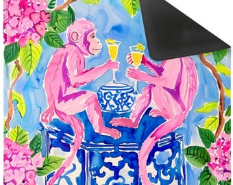 Preppy Mahjong Mat with white bag, Monkeys having a drink