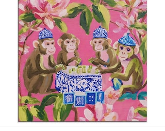 Preppy Mahjong Mat with canvas bag, Monkeys Playing Mahjong
