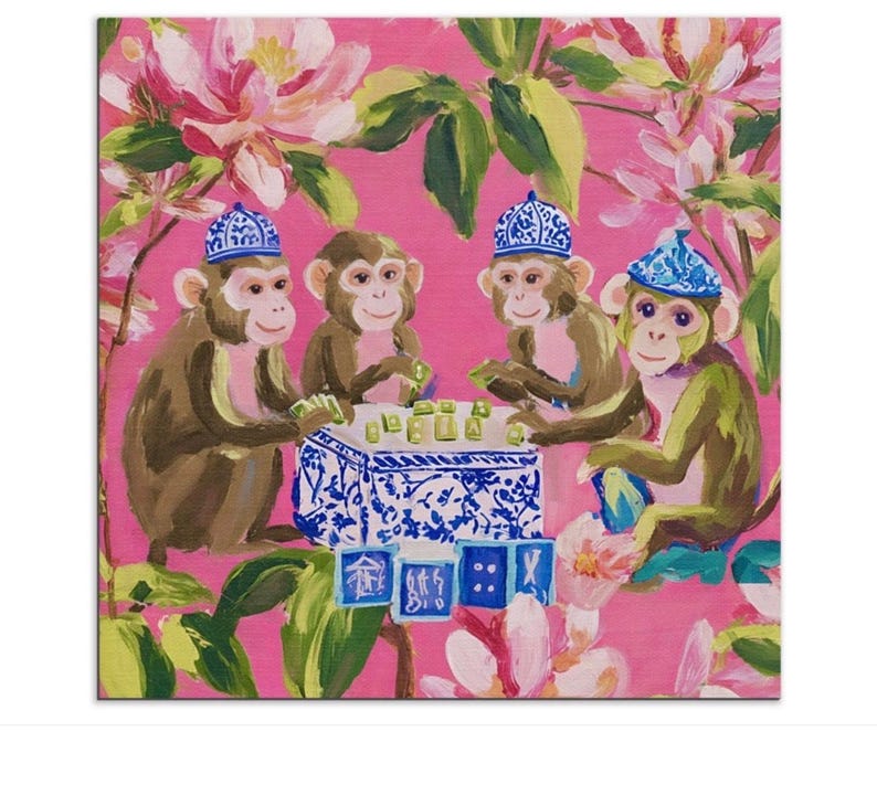 May include: A whimsical painting depicts four monkeys in blue hats playing a game at a blue and white table. The monkeys are brown and green, set against a vibrant pink background with floral and leaf accents.