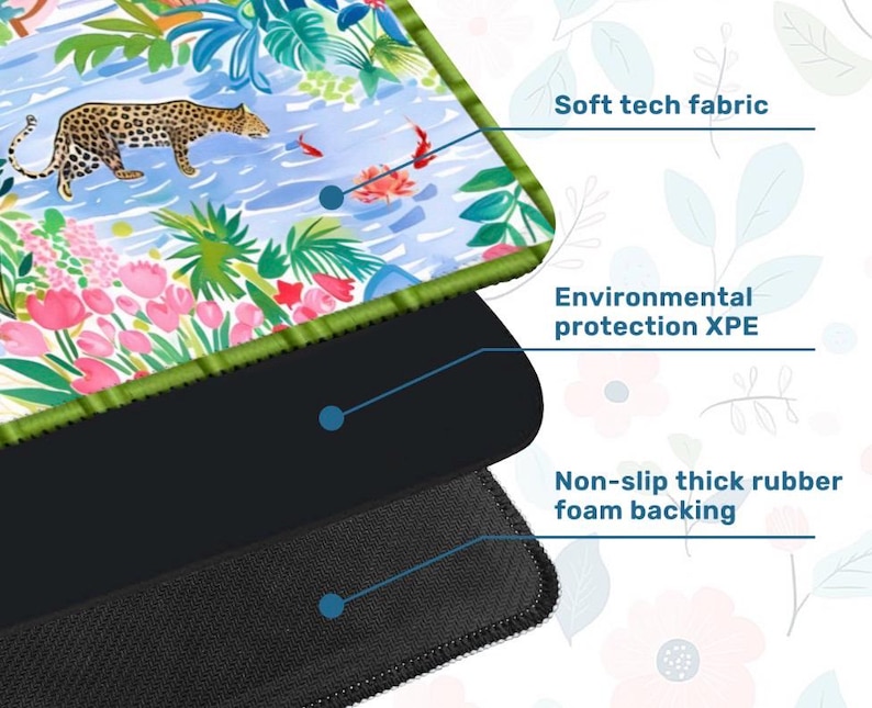 May include: Mouse mat with a vibrant jungle design, including a leopard, flowers, and water elements. It features a soft tech fabric surface, environmental protection XPE, and a non-slip thick rubber foam base.