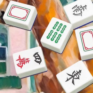 May include: A collection of white Mahjong tiles with various symbols and designs in red, green, and black. The tiles are scattered across a colorful, abstract background, suggesting a game in progress. The tiles have a blue border.