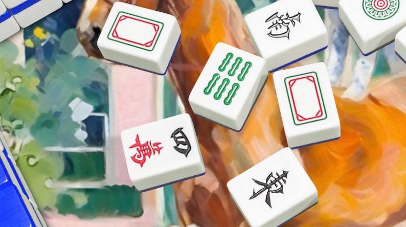 May include: A collection of white Mahjong tiles with various symbols and designs in red, green, and black. The tiles are scattered across a colorful, abstract background, suggesting a game in progress. The tiles have a blue border.