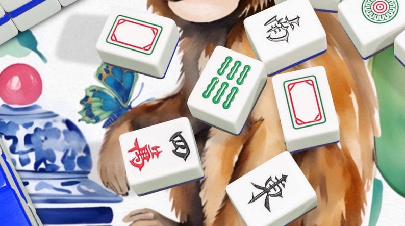 May include: White Mahjong tiles with red, green, and black symbols and designs are scattered across a watercolor illustration of a monkey. The tiles have a blue border. A butterfly and a blue and white vase are also visible.