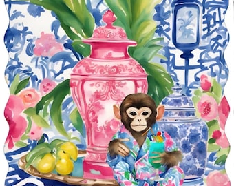 Tapis festonné mahjong preppy, cocktail à boire singe chinois preppy