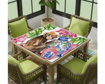 Preppy Mahjong Mat, Preppy Chinoiserie monkey with pearls and ginger jar