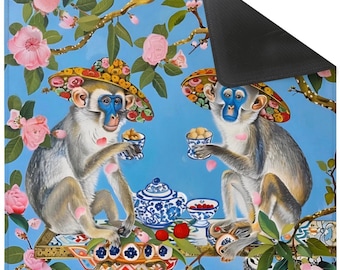 Tapis de mahjong BCBG, singes chinois prenant le thé