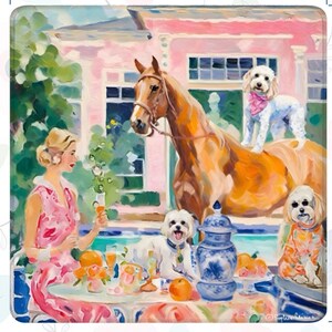 May include: An artistic painting depicts a woman in a pink dress at a table with dogs, a horse, and a pink house in the background. The table is set with drinks and fruit. The painting has a whimsical, colorful style.