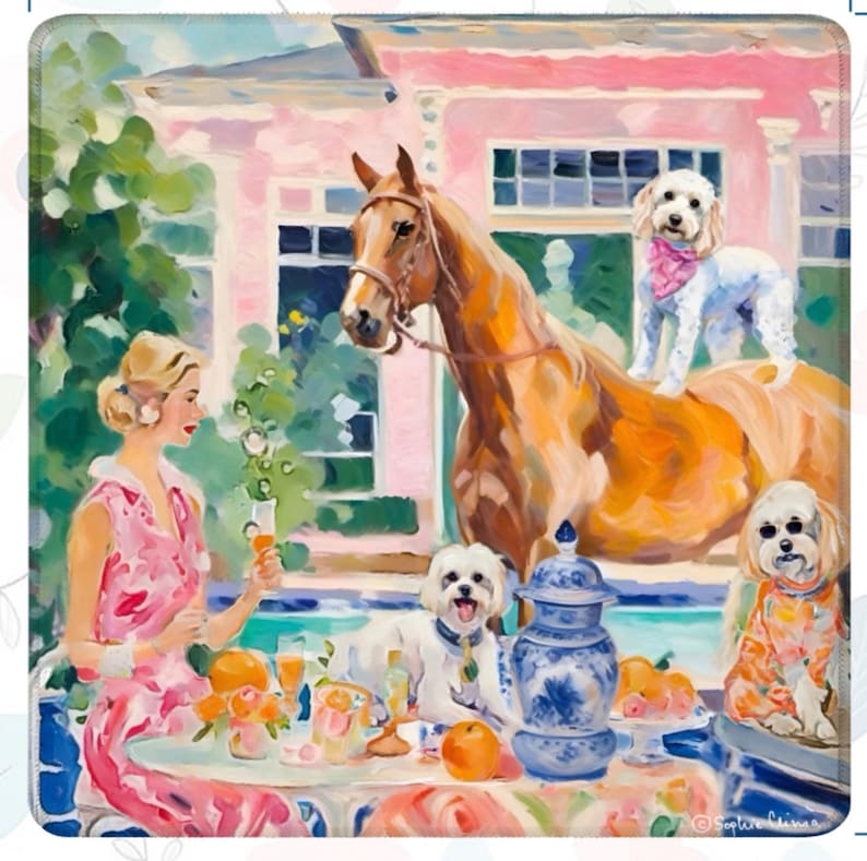 May include: An artistic painting depicts a woman in a pink dress at a table with dogs, a horse, and a pink house in the background. The table is set with drinks and fruit. The painting has a whimsical, colorful style.