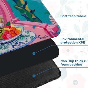 May include: A rectangular mousepad featuring a colorful painting of a still life with fruit. The mousepad has a soft tech fabric surface, environmental protection XPE, and a non-slip thick rubber foam backing.