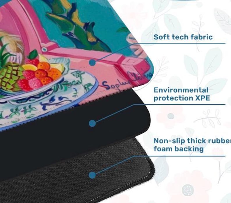 May include: A rectangular mousepad featuring a colorful painting of a still life with fruit. The mousepad has a soft tech fabric surface, environmental protection XPE, and a non-slip thick rubber foam backing.