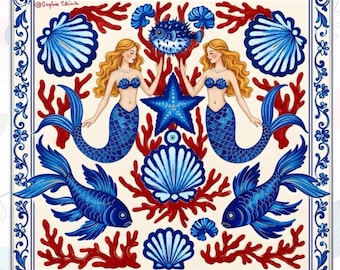 Tapis de mahjong preppy, sirènes de Coral Bay en rouge et bleu