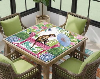 Preppy Mahjong Mat, Preppy Chinoiserie monkey with blue umbrella