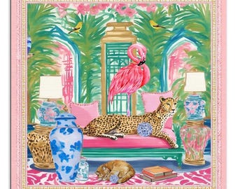 Tapis de mahjong preppy avec sac en toile blanche, guépard Palm Royale rose et vert