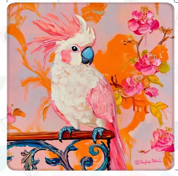 Preppy Mahjong Mat, Cheeky Cockatoo in pink and orange interior