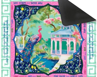 Tapis de mahjong preppy avec règles, tapis de jardin pagode rose et verte chinoiseries