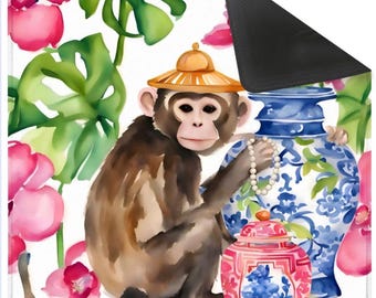 Tapis de mahjong avec singes chinoises BCBG et pot de gingembre, sac en toile blanc