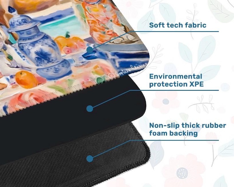 May include: A close-up of a mousepad with a colorful painting of a still life with blue and white porcelain and oranges. The mousepad has a soft tech fabric, environmental protection XPE, and a non-slip thick rubber foam backing.