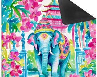 Preppy Chinoiserie Elephant Mahjong Mat with pagodas and orchids, White Canvas Bag