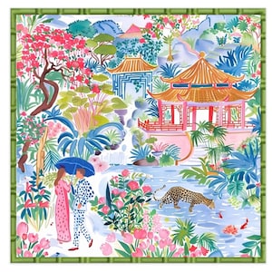 May include: Square scarf with a vibrant Asian garden design. It depicts pagodas, lush plants, a leopard, and figures with an umbrella. The border has a green bamboo pattern.