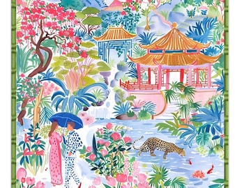 Tapis de mahjong preppy, chinoiseries fantaisistes, « Meeting in Pagoda Garden » par Sophie Clima