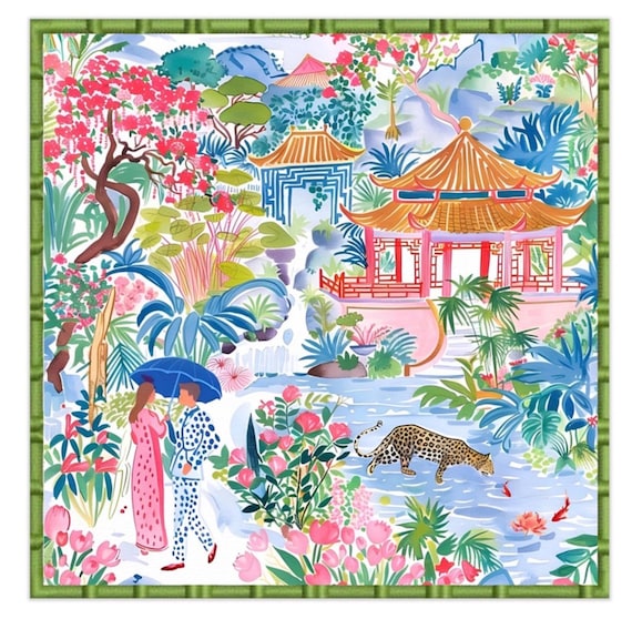 Preppy Mahjong Mat, Whimsical Chinoiserie Art, "Meeting in Pagoda Garden" by Sophie Clima