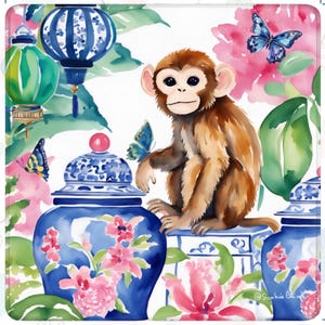 May include: Watercolor illustration featuring a brown monkey sitting on a blue and white patterned stand. The image includes blue and white decorative jars, pink flowers, green lanterns, and butterflies against a white background.