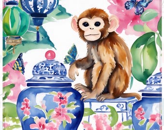 Preppy Mahjong Mat with white bag, Preppy Chinoiserie monkey and the butterflies