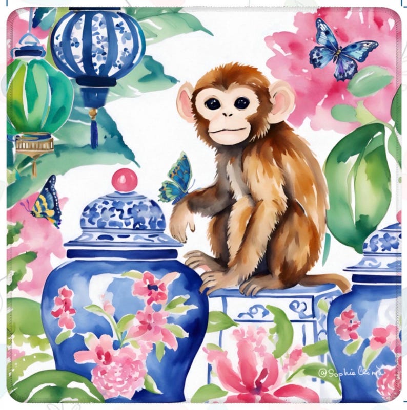 May include: Watercolor illustration featuring a brown monkey sitting on a blue and white patterned stand. The image includes blue and white decorative jars, pink flowers, green lanterns, and butterflies against a white background.
