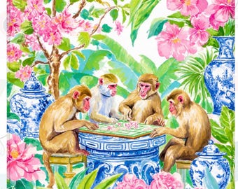 Tapis de mahjong preppy, singe jouant au mahjong dans un jardin de chinoiseries preppy