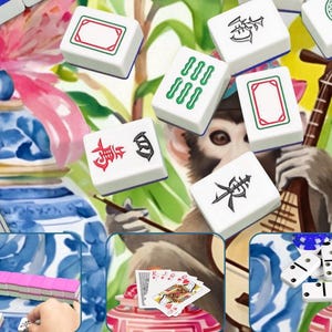 Puede incluir: Una colecci&oacute;n de fichas de Mahjong blancas con s&iacute;mbolos y marcas verdes, rojas y negras. La imagen tambi&eacute;n incluye naipes, domin&oacute;s y una ilustraci&oacute;n en acuarela de un mono tocando un instrumento de cuerda y jarrones decorativos.