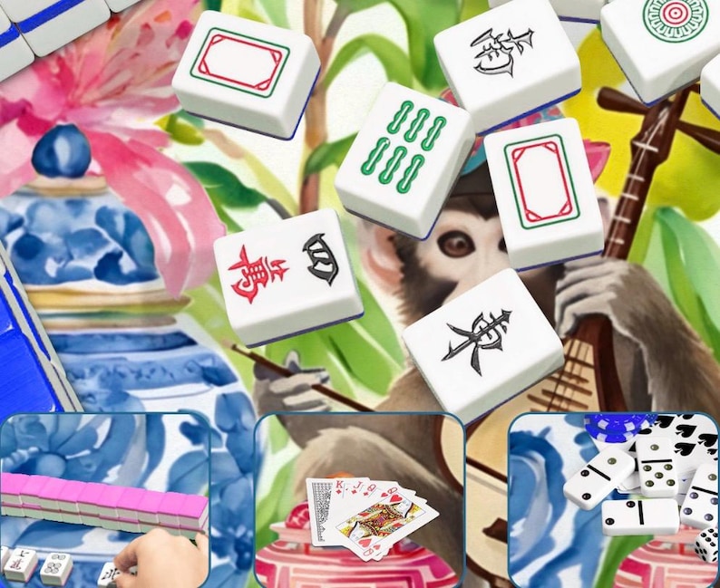 Puede incluir: Una colecci&oacute;n de fichas de Mahjong blancas con s&iacute;mbolos y marcas verdes, rojas y negras. La imagen tambi&eacute;n incluye naipes, domin&oacute;s y una ilustraci&oacute;n en acuarela de un mono tocando un instrumento de cuerda y jarrones decorativos.