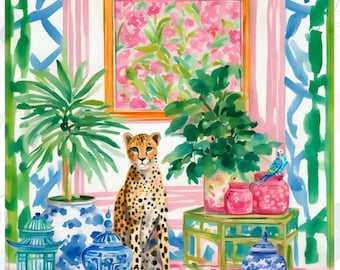 Preppy Mahjong Mat, Cheetah and blue budgie in chinoiserie interior